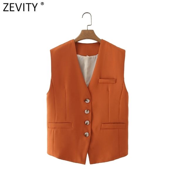 Frauen einfach ärmellose einreihige orange Weste Jacke Büro Dame Slim Anzug Weste Taschen Outwear Tops CT682 210420