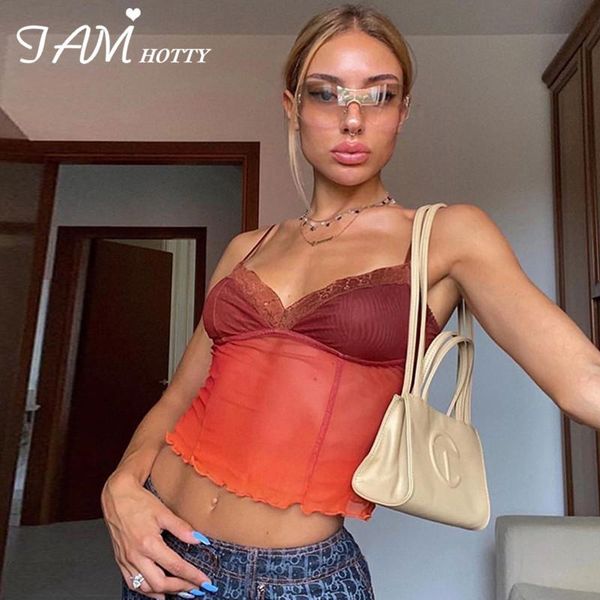 

women's tanks & camis mesh lace patchwork y2k crop women sleeveless see-through v neck bodycon club party soft streetwear 2021 iamt, White