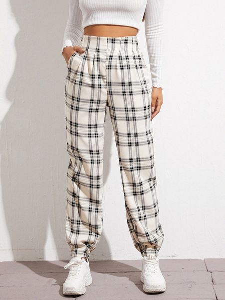 

high waist fold pleat tartan pants m5xj#, Black;white
