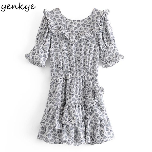 

summer dress women vintage floral print asymmetric ruffle female o neck short sleeve mini vestido 210430, Black;gray