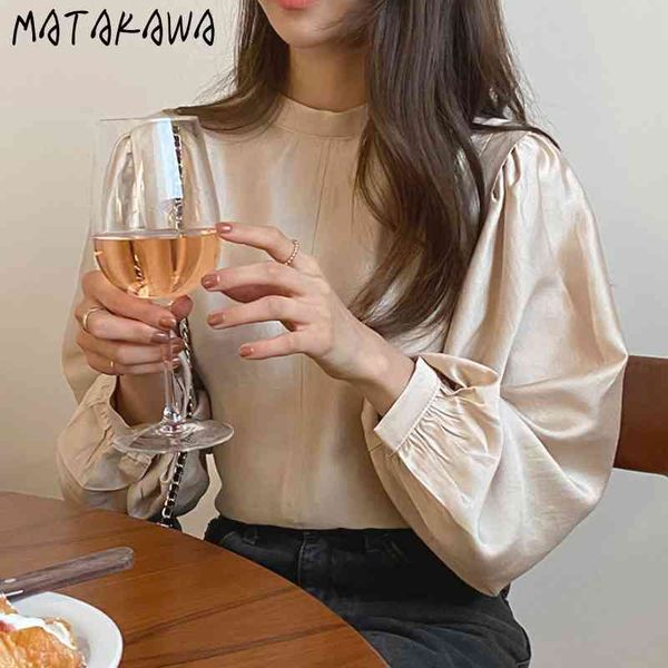 

matakawa korean folds glossy drape women blouses spring loose blusas mujer de moda puff sleeve long sleeve shirt bottoming 210513, White