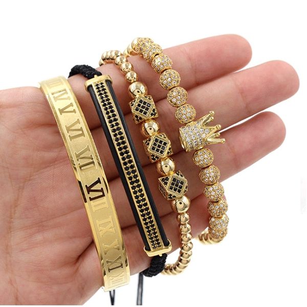 Punk estilo cobre embutido zircônia braceletes coroa diamante bola bracelete strass fileira crescente combinação romana pulseira de quatro peças conjunto