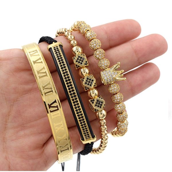

punk style copper inlaid zirconium bracelets crown diamond ball bracelet rhinestones row crescent combination roman bangle four-piece set, Golden;silver
