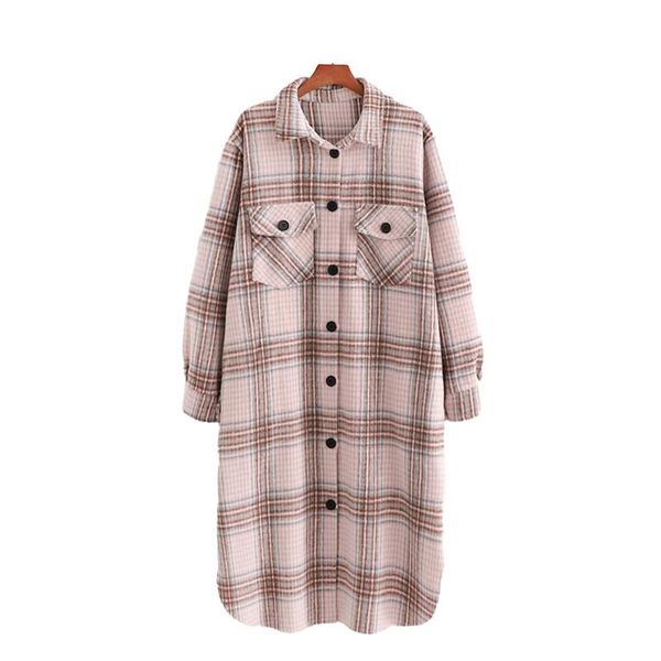 

women's jackets vintage woman loose light pink plaid long woolen shirt coat autumn winter fashion soft outwear female casual jacket, Black;brown