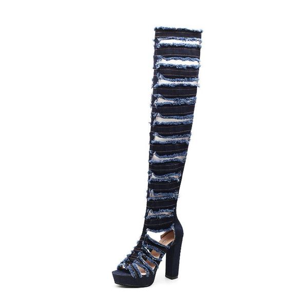 

women shoes summer rome thick heel high heels denim hollow over knee shoe fashion leisure rear zipper woman sandals s80097 dress, Black