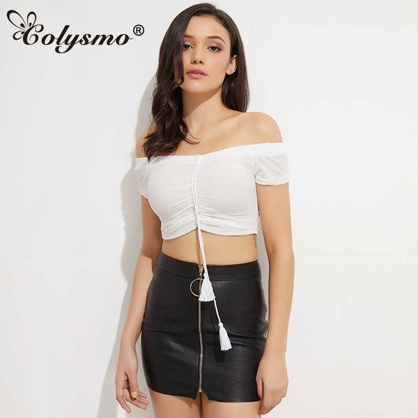 Colysmo Stretchable Off Ombro Levante-se Cordilheira Mulheres Plissadas Malha Tanque Tops Ruched Crop Top Verão Branco Veste Branco Camis 210527