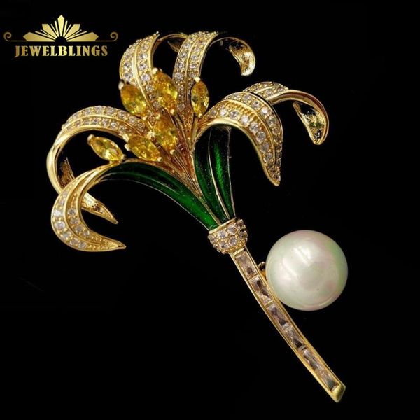 

pins, brooches vintage stylize micro pave cz yellow orchid gold tone green enameled imitated pearl deco flower pins for women, Gray
