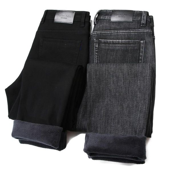 

men's jeans 2021 trousers grey fleece men clothes black elasticity warm thinker winter busines velvet 4 model, Blue