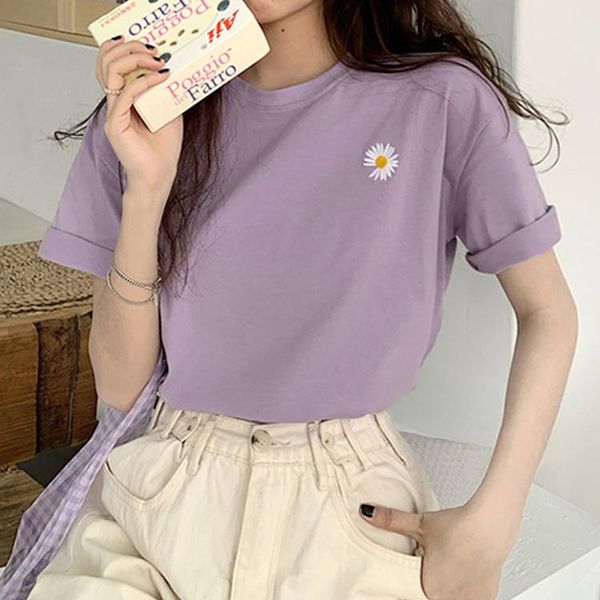 

women's t-shirt korean flowers embroidery women 2021 summer short sleeve simple tee shirt femme casual loose t camisetas mujer, White