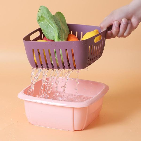 

hanging baskets double-layer washing basket drain kitchen plastic fruit plate household dust-proof vegetable storage with lid