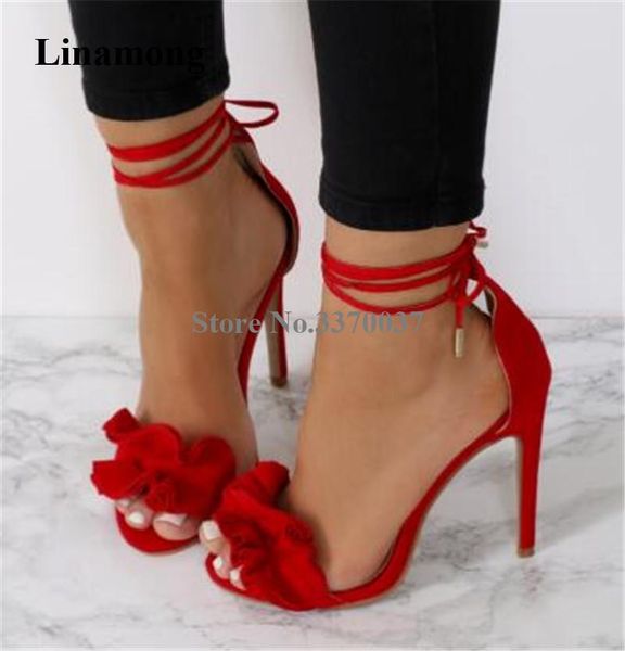 

women sweet fashion open toe suede leather ruffle stiletto heel sandals ankle strap lace-up red high dress heels, Black