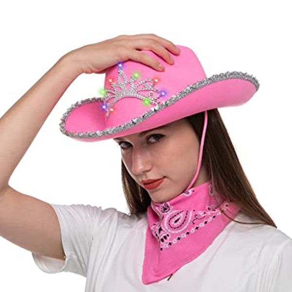 

berets led luminous tiara cowgirl hat western style cowboy pink women's fashion party cap warped wide brim with sequin decoration, Blue;gray