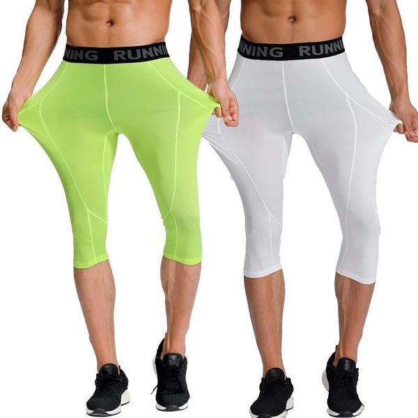 

running pants mens compression 3/4 tight leggings sports quick dry elasticity spandex jogger tights yoga bottoms, Black;blue