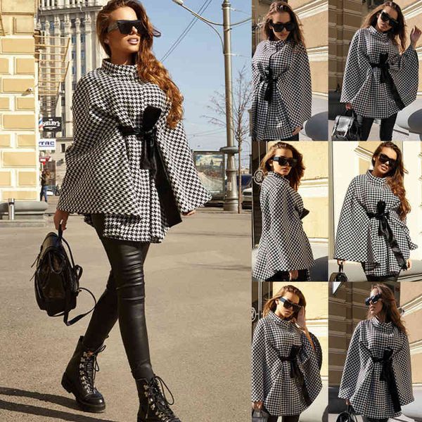

winter ladies houndstooth cloak coat women's houndstooth cloak coat chic turtleneck tie up asymmetric shawl poncho pullover 210422, Black