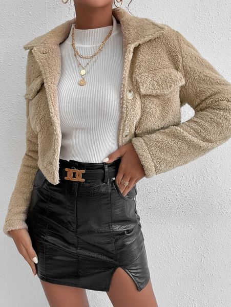 

flap pocket crop fleece jacket g6du#, Black;brown