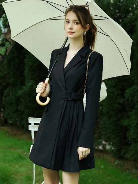 

lapel neck pleated buckle belted blazer dress d7lu#, White;black