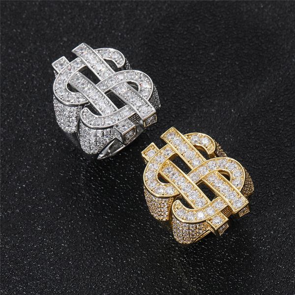 Anelli con pietre laterali Hip Hop Anelli con segno di dollaro placcato in oro 18 carati Anello ghiacciato con zircone pieno Regalo di gioielli Bling da uomo