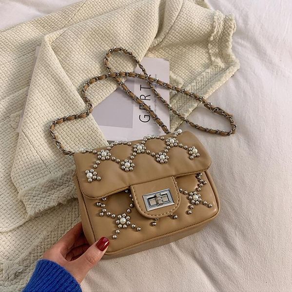 

wholesale factory personalized rivet leather shoulder bags sweet lady pearl chain bag clamshell plaid fashion handbag street trend beaded wo
