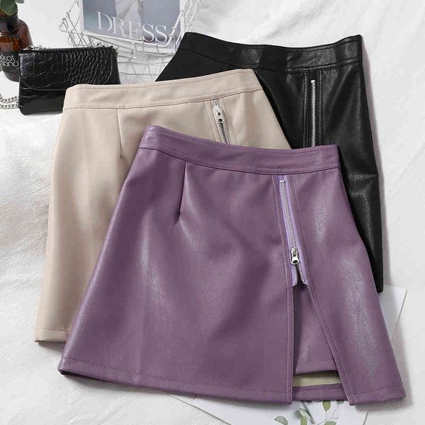 

temperament all-match split zipper irregular fashion skirt female korean version of pure color bag hip pu leather 210525, Black