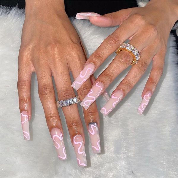 

false nails 24pcs detachable pink long coffin rhinestone gradiant ballerina design fake full cover press on nail jp1083, Red;gold
