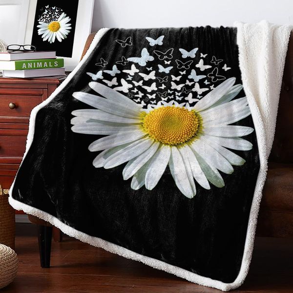

blankets white daisy butterfly flower black print plush throw blanket sherpa fleece bedspread bedding picnic wool soft