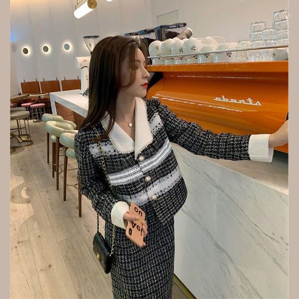

women's knits & tees knitted women two pieces set houndstooth lace patchwork long sleeve pearl buttons cardigan slim mini skirt elegant, White