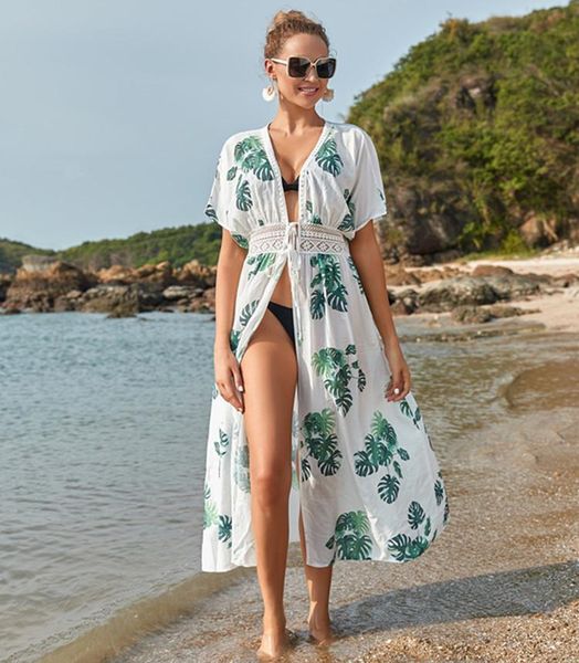 

women's swimwear boho leaves leopard high waist beach dress saida de praia kimono pareos playa mujer bikini cover up swimsuit, White;black