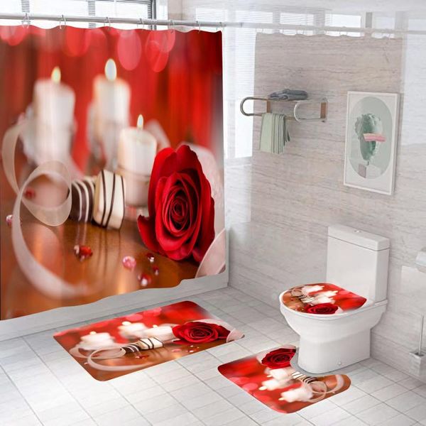 

shower curtains 3d digital printing rose series home bathroom toilet curtain three-piece set floor mat cover decorative