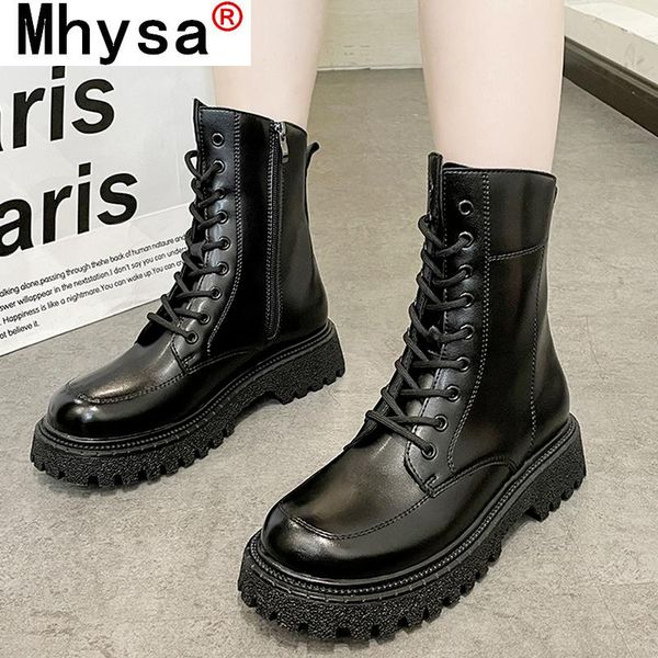 

boots pu leather ankle for women 2021 autumn fashtion round head thick heel zipper platform side women's short, Black