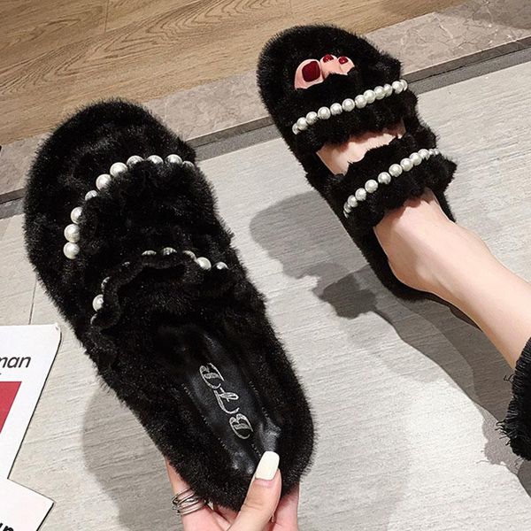 

two style beads fur slippers women cozy velvet pantufla 35-40 winter plush shoes sandals pearl ruffles furry slides 2021, Black