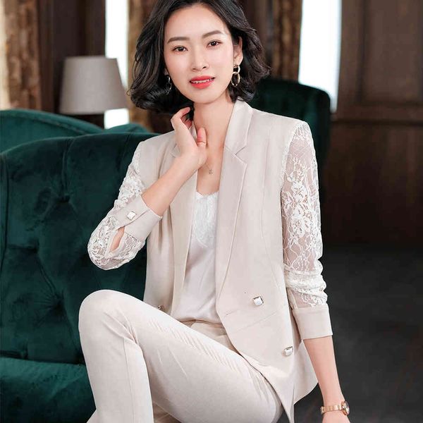 

pant green rose apricot ladies suit lace double sleeve breasted blazer and pants two ensemble parts for business, White