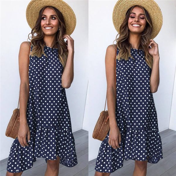 

20212021 women summer sleeveless polka dot print dress o neck loose casual ruffles vintage dresses knee length party robe femme, Black;gray