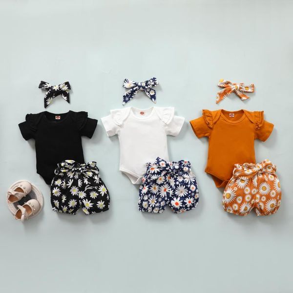 

clothing sets born baby girls clothes set fashion summer ruffles sleeve romper+floral shorts headband toddler infant outfits, White
