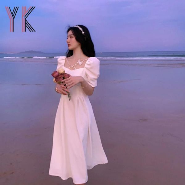 

ethnic clothing party summer women's dress long fashion puff sukienka neck butterfly sweet white cross evening elegant sleeve square sl, Red