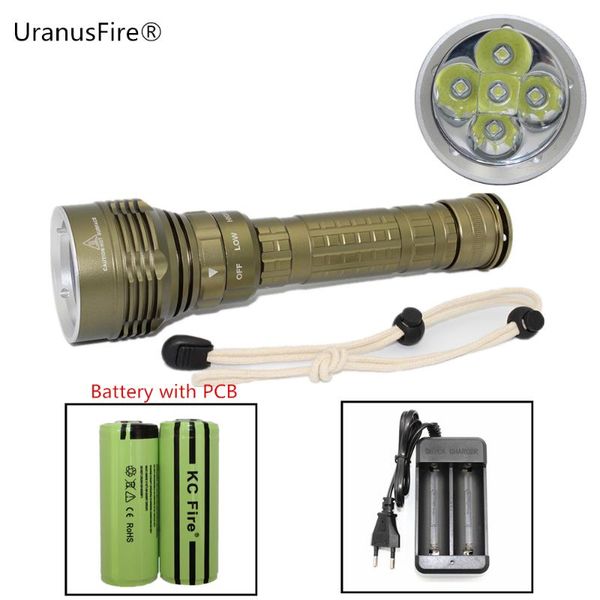 

waterproof diving 5 x xm-l2 led scuba flash light lamp for underwater spearfishing + 26650 pcb battery ac charger flashlights tor torches