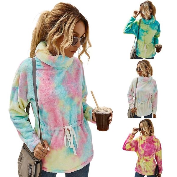 

women's hoodies & sweatshirts women turtleneck long sleeve sweatshirt colorful tie-dye plush drawstring, Black