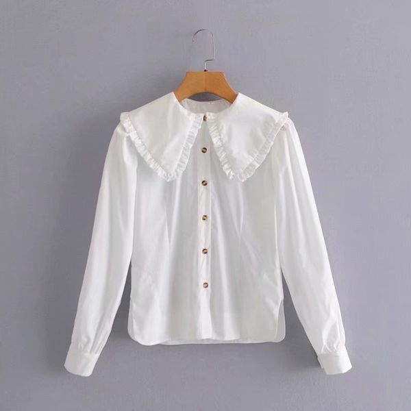 

spring women shirt solid button long sleeves ruffled turn-down collar female fashion casual clothes 210517, White