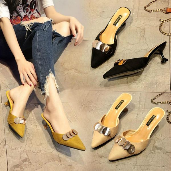

dress shoes summer women casual outdoor sandals thin heels female pointed toe slippers, Black