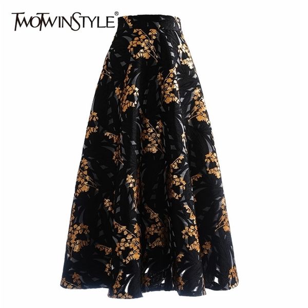 

print embroidery skirt for women high waist hit color ruched vintage skirts female fashion clothing spring 210521, Black