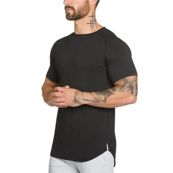 Novo Marca Roupas Mens Preto Manga Curta T Shirt Hip Hop Extra Long Tops Tshirts Para Homens Ginásios de Algodão T-shirt 210421