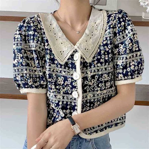 

summer fashion office lady brief high waist retro sweet ol florals hollow out vintage chic femme shirts 210525, White