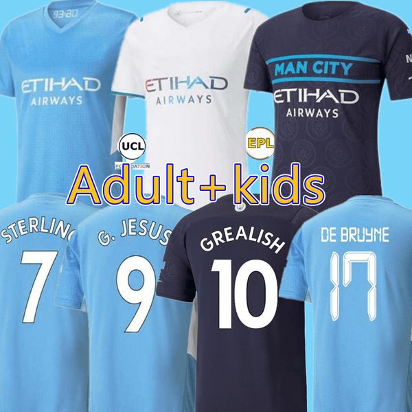 

21 22 manchester soccer jersey 2021 grealish g. jesus city sterling ferran de bruyne kun aguero mahrez foden rodrigo football shirts kids ki, Black;yellow