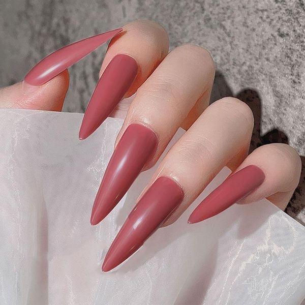

false nails seamless full cover acrylic nail pure color pointed long guan ze thin fake simplicity convenience extension, Red;gold