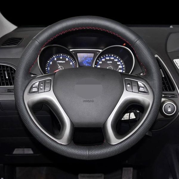 

black artificial leather car wear-resistant steering wheel cover for ix35 tucson 2 2011-2021 auto parts modeling covers