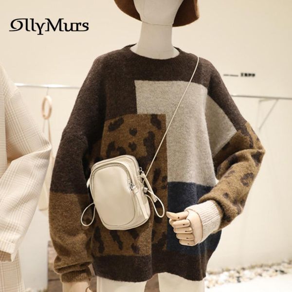 

leopard loose women jumpers km141 o-neck long sleeve elegant knitting sweaters 2021 stitching color thinken female pullovers women's, White;black