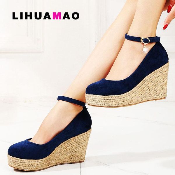 

dress shoes lihuamao suede comfortable women wedges round toe ankle strap platform casual party wedding ladies high heel pumps, Black