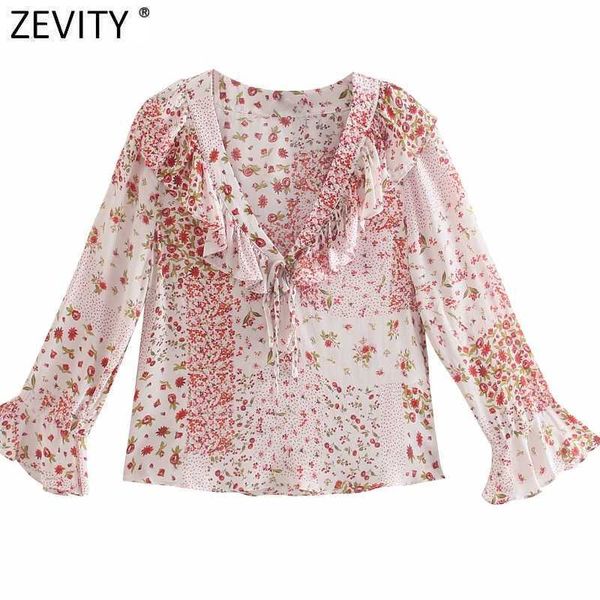

zevity women sweet dots patchwork floral print casual smock blouse ladies v neck pleat ruffles femininas shirts chic ls9311 210603, White