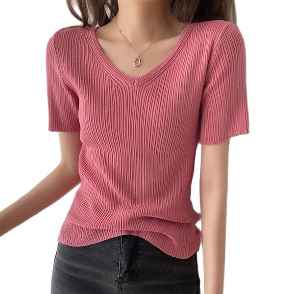 

women's t-shirt pink thin knitted t women casual solid clothes summer short sleeve v-neck tee female slim woman tshirts 17hk, White