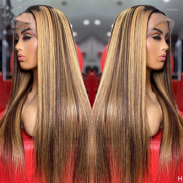 

highlight colored brazilian wig long body wave with baby hair for black women transparent 13x4 hd lace front human wigs1, Black;brown