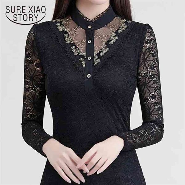 

lace women's spring thin black slim korean base coat long sleeve stand collar shirt chemisier femme 12980 210421, White